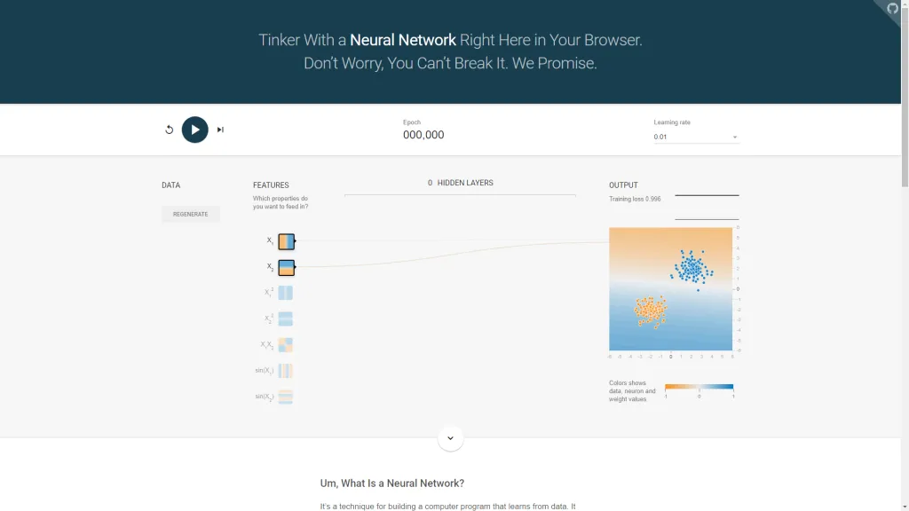 【Google ML】24 - Lab 4 - TensorFlow Playground - 讓我們在視覺化的網頁中體驗一下訓練ML模型吧！learning rate 改變對訓練過程的影響